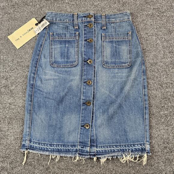 RAG‎ & BONE Button Front Frayed Hem Denim Skirt 25 Santa Cruz Blue Medium Wash - Picture 1 of 11